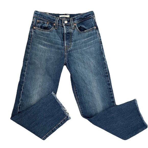 Levi’s Women’s Wedgie Straight Button Fly Jeans Size 25 Blue Denim Raw Hem - Picture 1 of 9